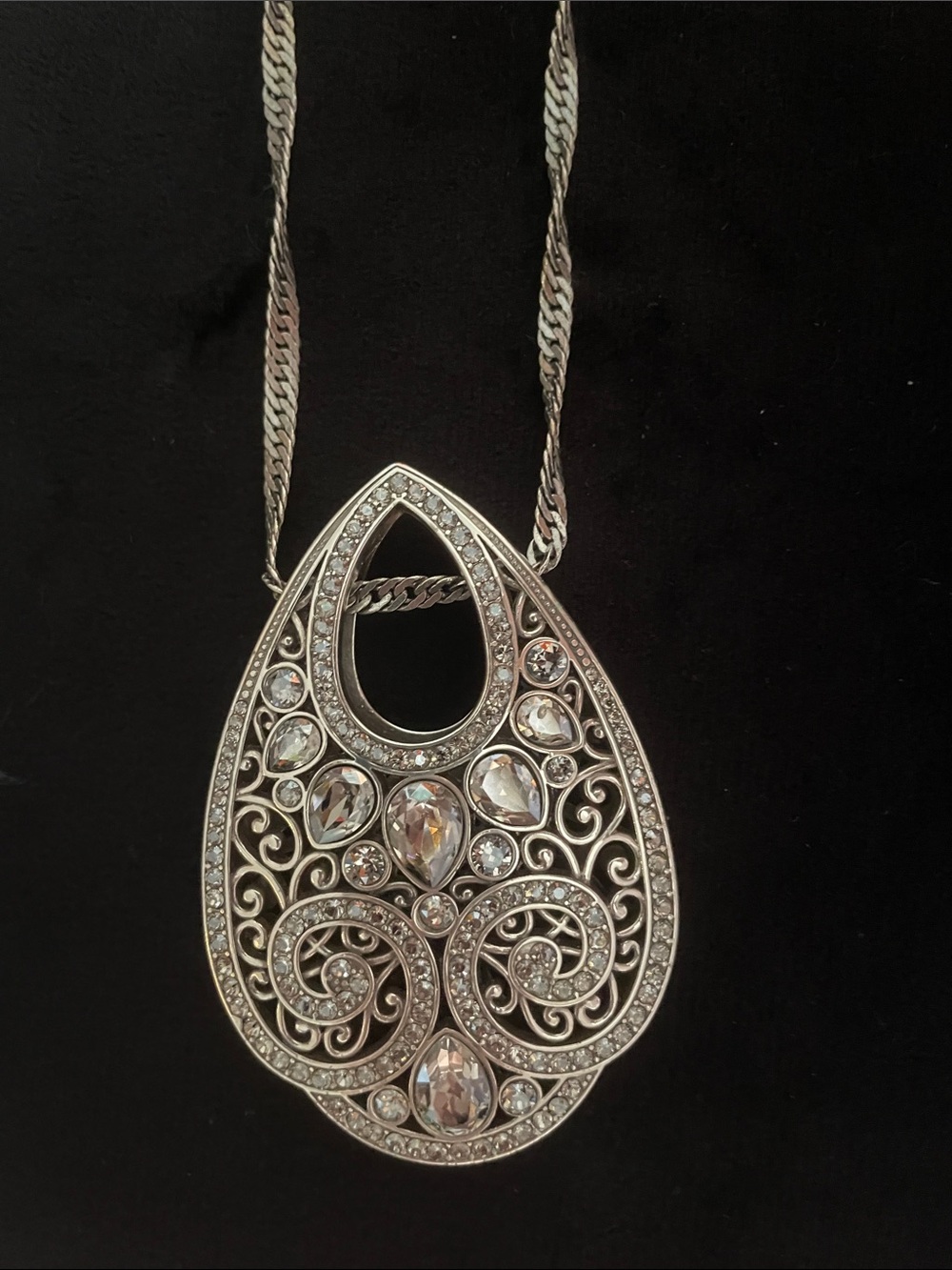 Brighton Silver Teardrop Filigree Pendant with Crystals